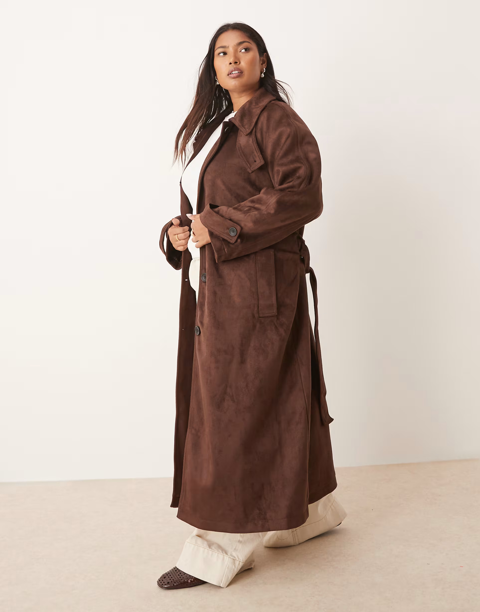 ASOS DESIGN Curve faux suede funnel neck trench coat in chocolate | ASOS (Global)