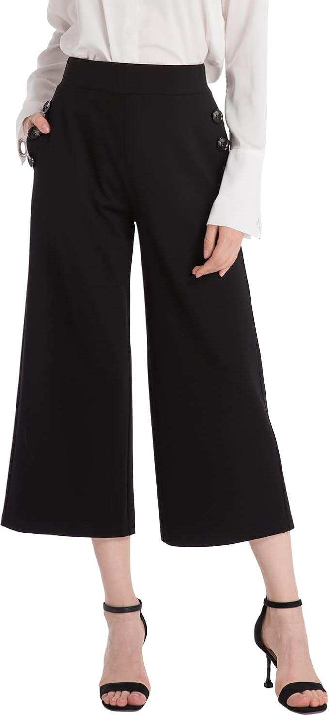 Ginasy Black Wide Leg Pants for Women Business Casual Dress Pants Stretch High Waist Crop Capris ... | Amazon (US)