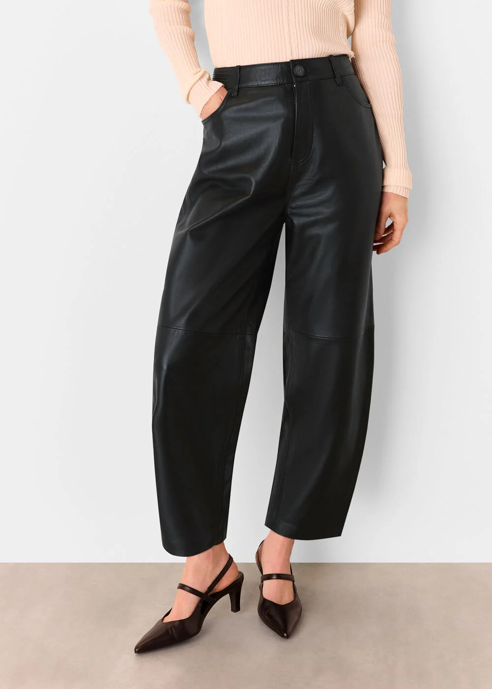 Black Leather Barrel Leg Trouser | WHISTLES | Whistles UK | | Whistles