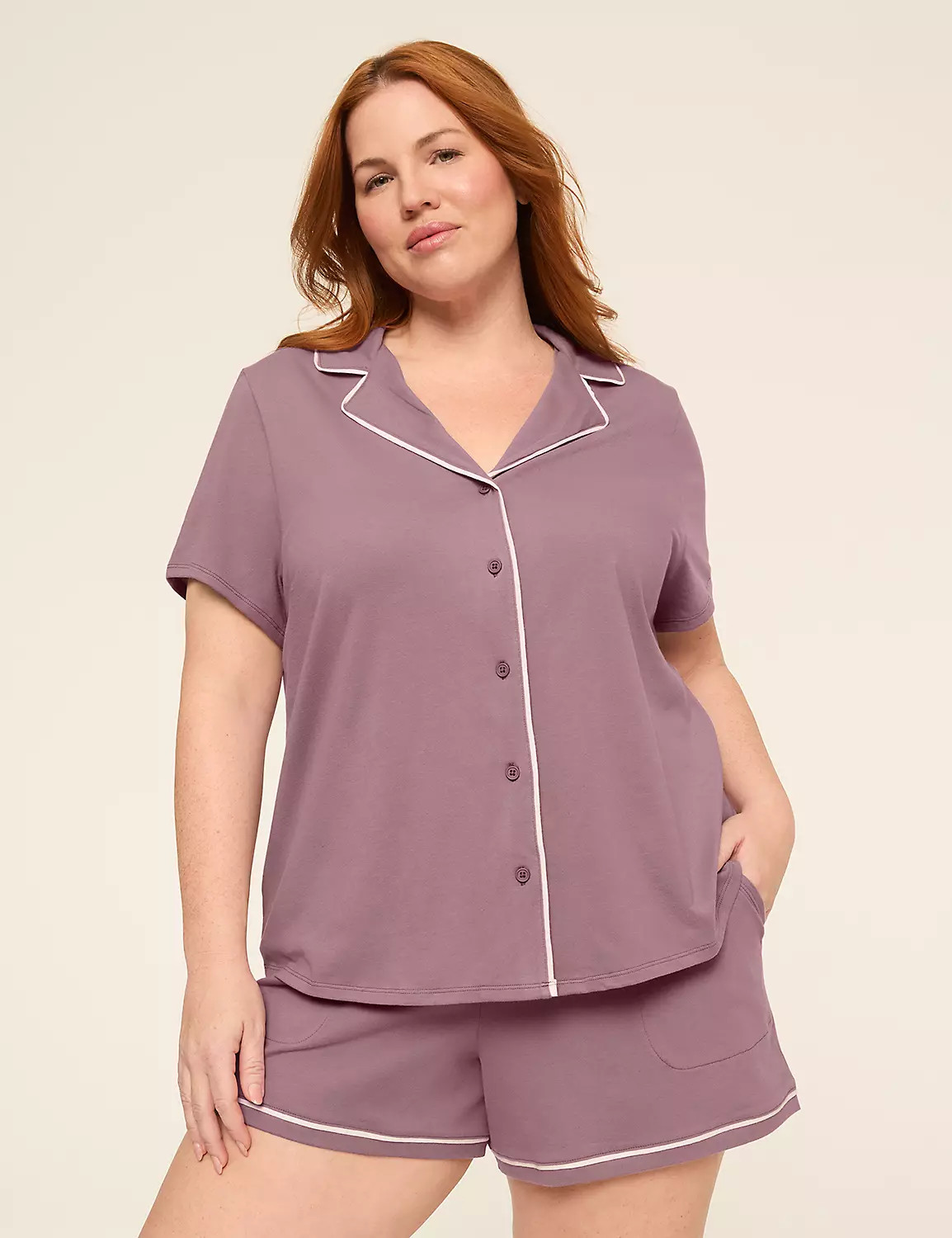 Comfy Cotton Notch-Neck Shirt & Short PJ Set | Lane Bryant (US)