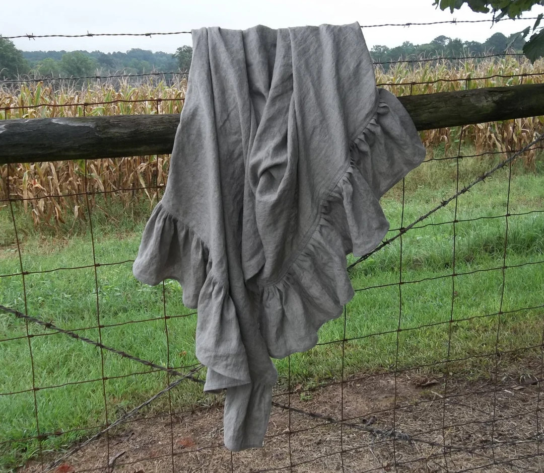 Ruffled Linen Throw Custom Bed Scarf Natural Linen Blanket Coverlet Afghan Bedspread French Count... | Etsy (US)