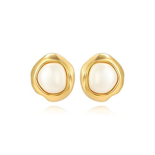 GZJOGO Gold Statement Pearl Stud Earrings for Women, Trendy Geometric Hypoallergenic Earring Jewelry Gift | Amazon (US)