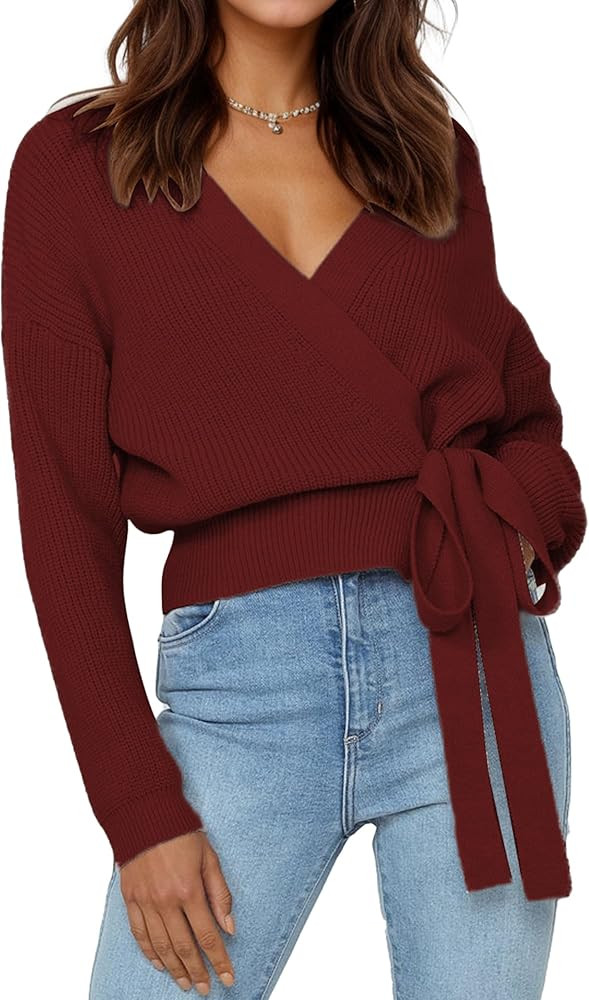 Women’s Cropped Sweater V-Neck Wrap Sweater Long Sleeve Ribbed Knit Pullover with Side Tie Fall... | Amazon (US)