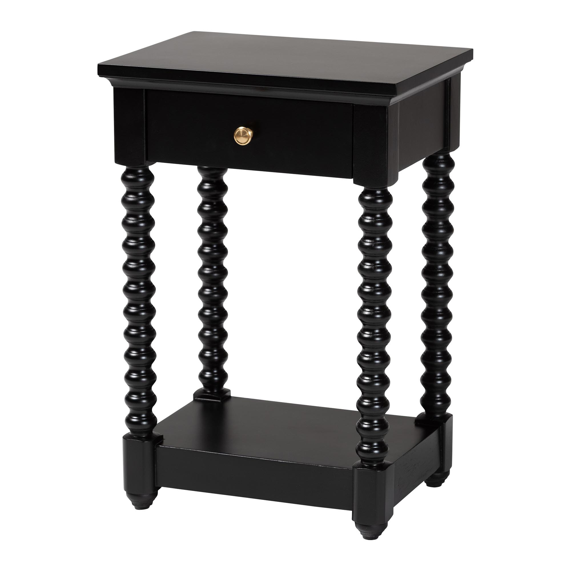 Terentia 1-Drawer Nightstand with Bobbin Legs and Storage Shelf In Black | 1stopbedrooms