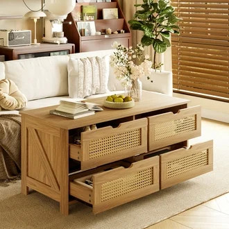 DOVEAID Coffee Table with Drawers, Weave Rattan Design for Living Room, 42''H in, light brown, Re... | Walmart (US)