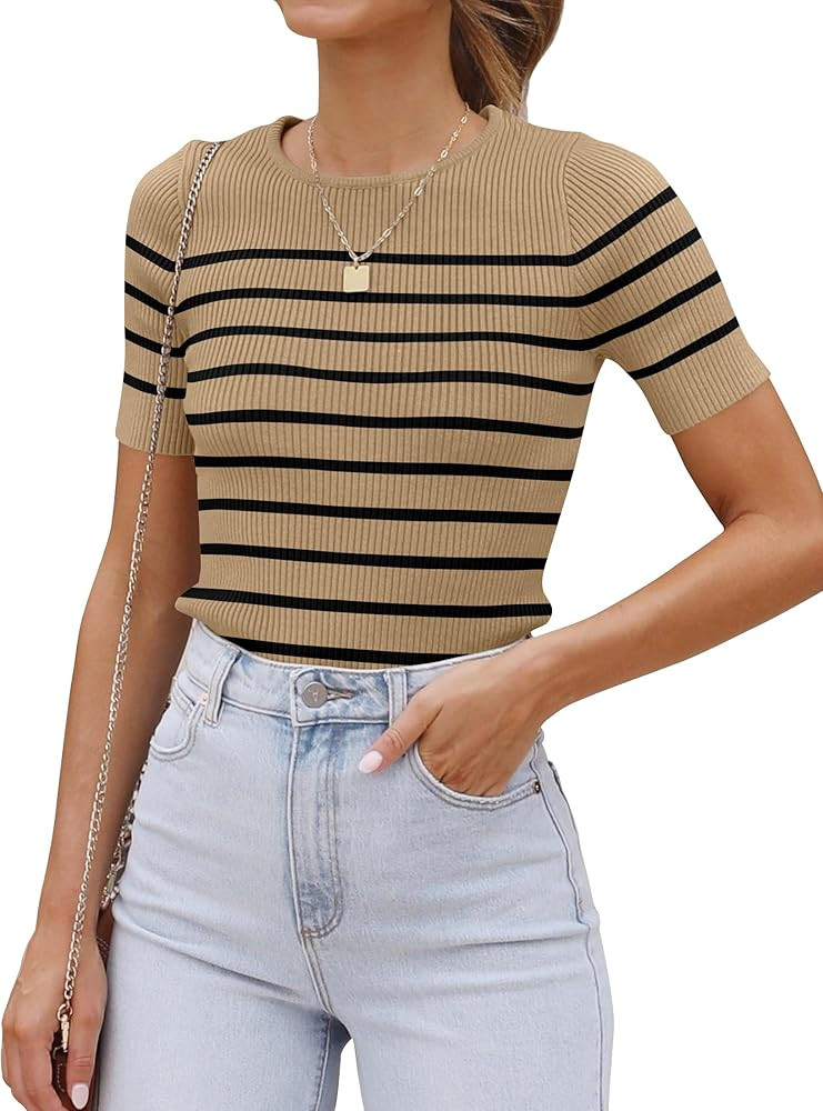ZESICA Women's Short Sleeve Crewneck Striped T Shirt 2025 Summer Ribbed Knit Slim Fit Casual Basi... | Amazon (US)