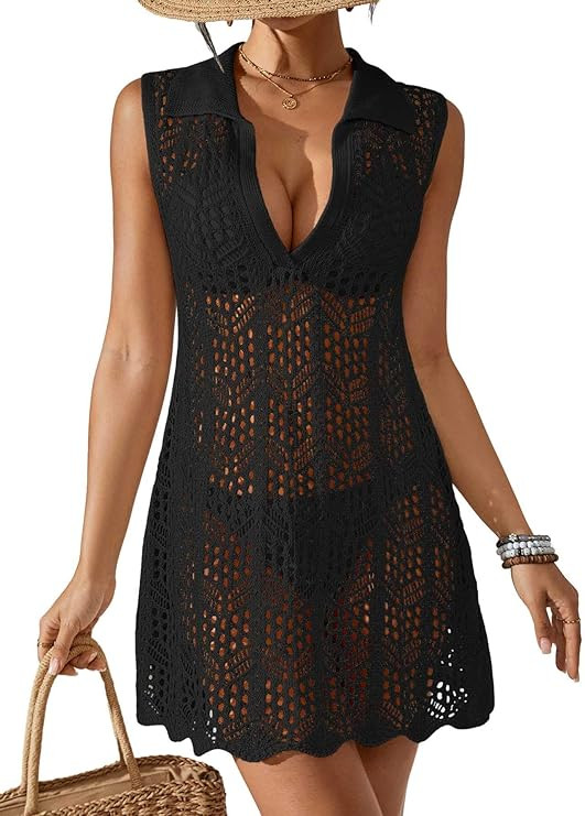 Womens Crochet Swimsuit Coverup Dresses Summer 2025 Polo Collar V Neck Beach Bathing Suit Cover U... | Amazon (US)
