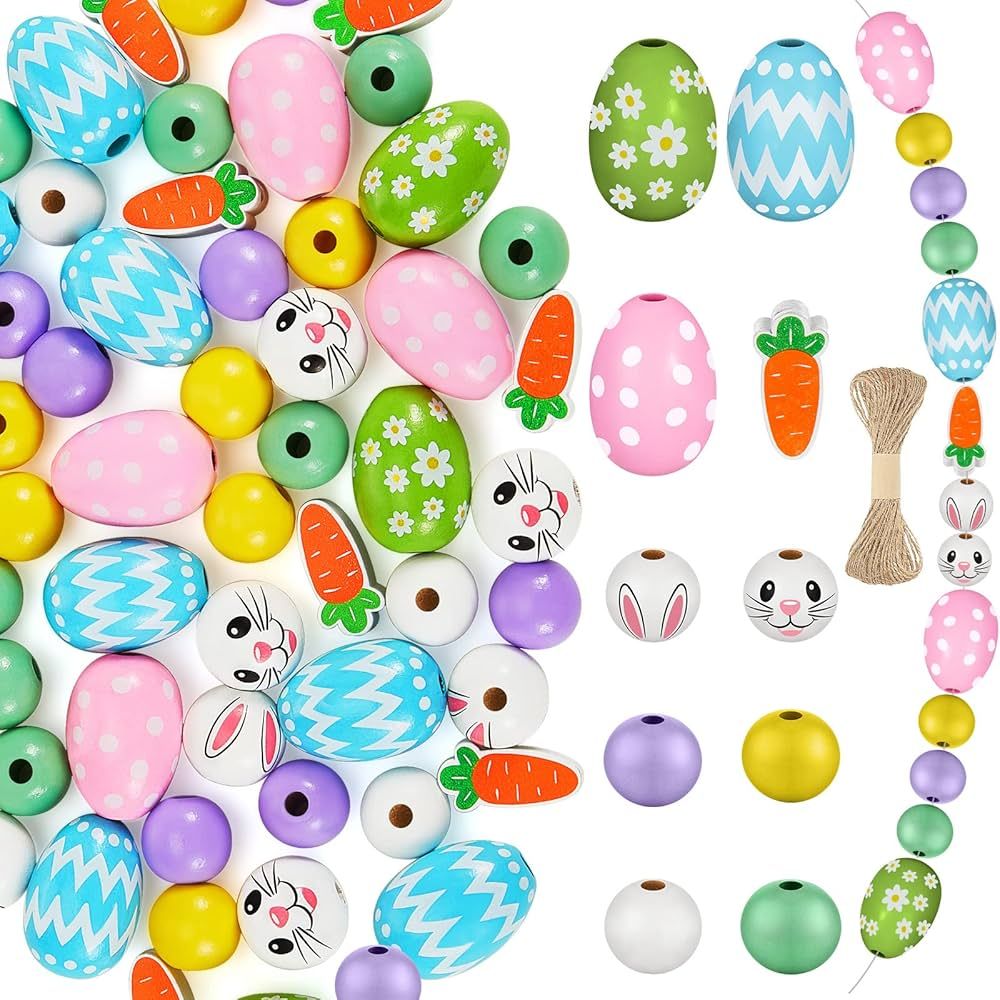 Jetec 140 Pieces Easter Wood Beads Colorful Round Craft Bead Flower Stripe Dot Wood Egg Craft Bun... | Amazon (US)