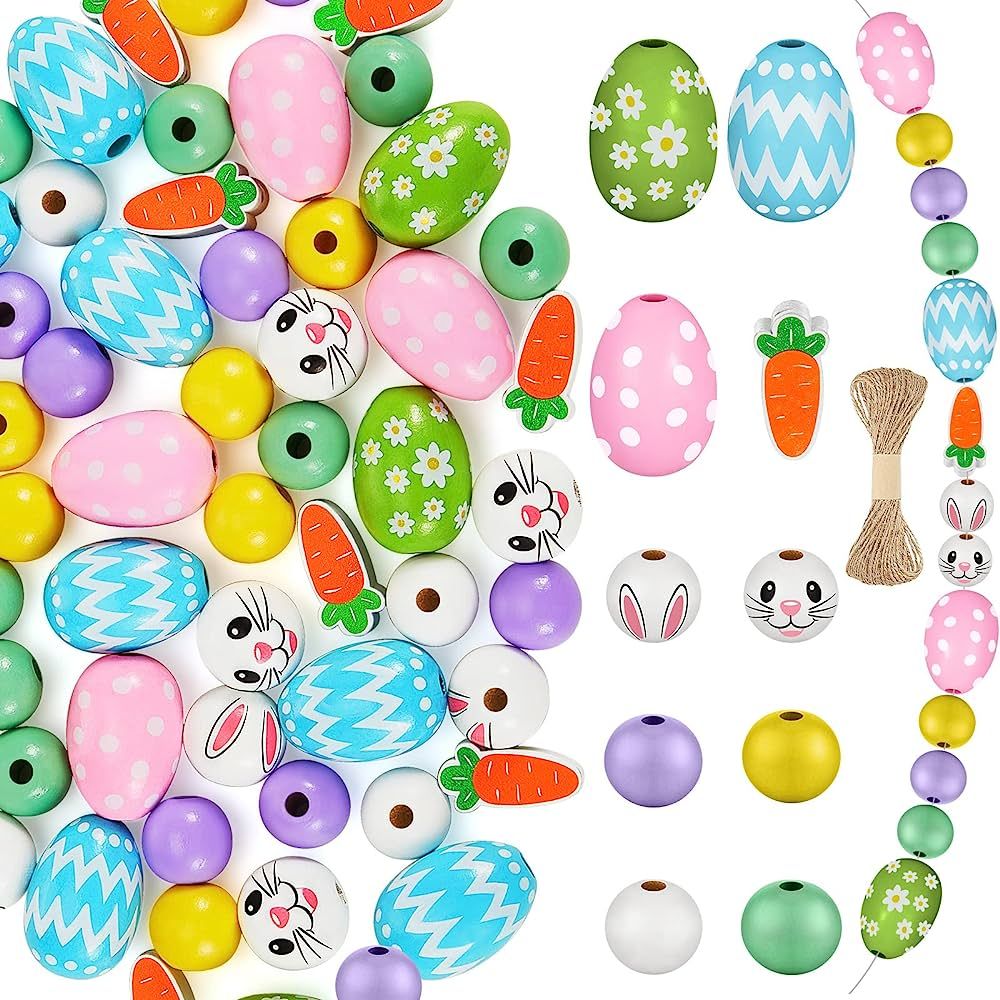 Jetec 140 Pieces Easter Wood Beads Colorful Round Craft Bead Flower Stripe Dot Wood Egg Craft Bun... | Amazon (US)