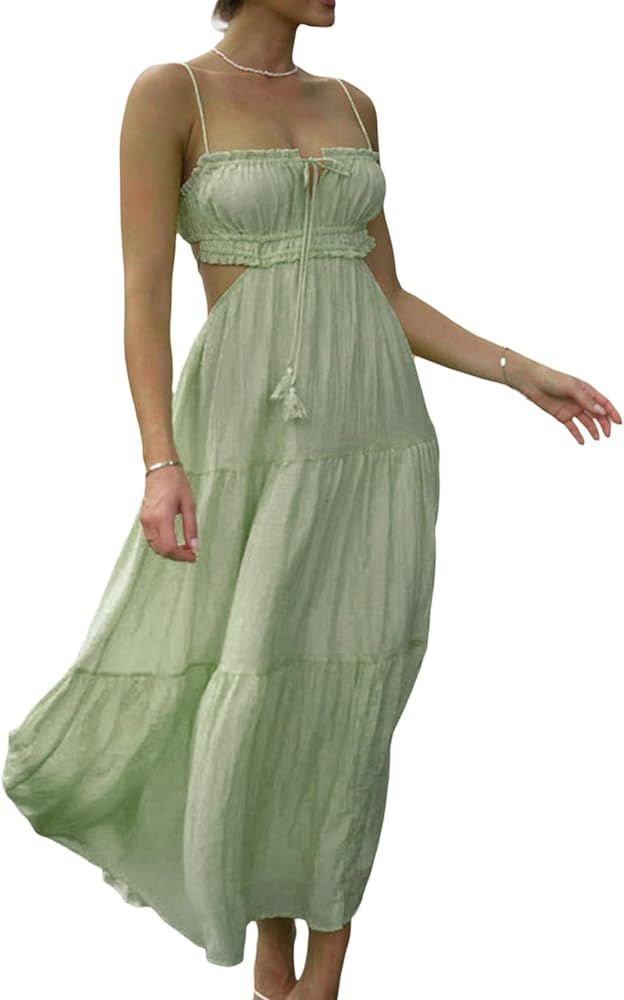 Womens Bohemian Maxi Dress Backless Low Cut Spaghetti Strap V-Neck Midi Dress Summer Casual Boho ... | Amazon (US)