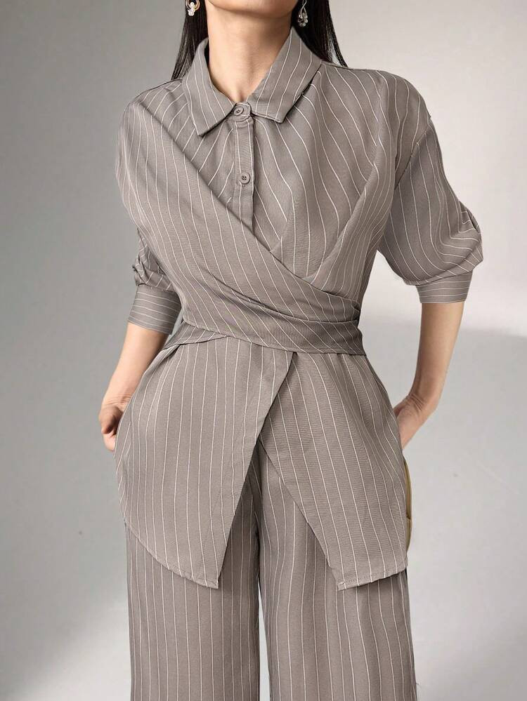 Heiryn Women's Cinched Waist Korean Style Striped Shirt And Pants Casual 2 Pieces Set, Versatile For Commute And Daily Wear | SHEIN