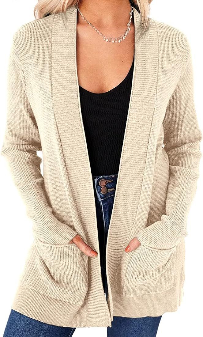imesrun Womens Open Front Cardigans Casual Long Sleeve Classic Knit Sweater Outerwear with Pocket... | Amazon (US)