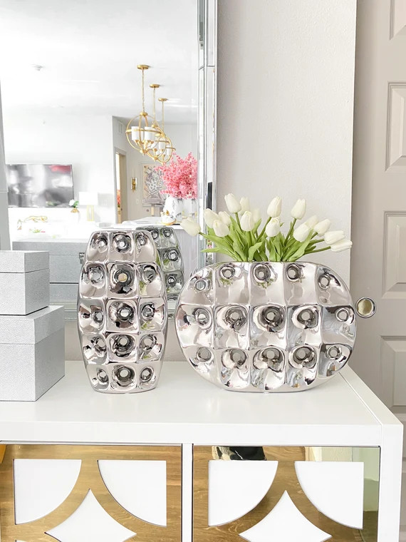 Silver Ceramic Vase Silver Metallic Vase Silver Tulip Vase | Etsy | Etsy (US)