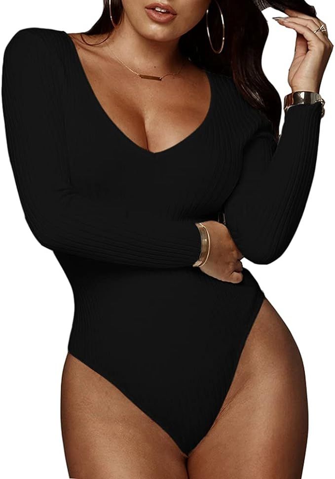 GEMBERA Women's Deep V Neck Long Sleeve Bodysuit Ribbed Knit Bodycon Basic Bodysuit Tops | Amazon (US)