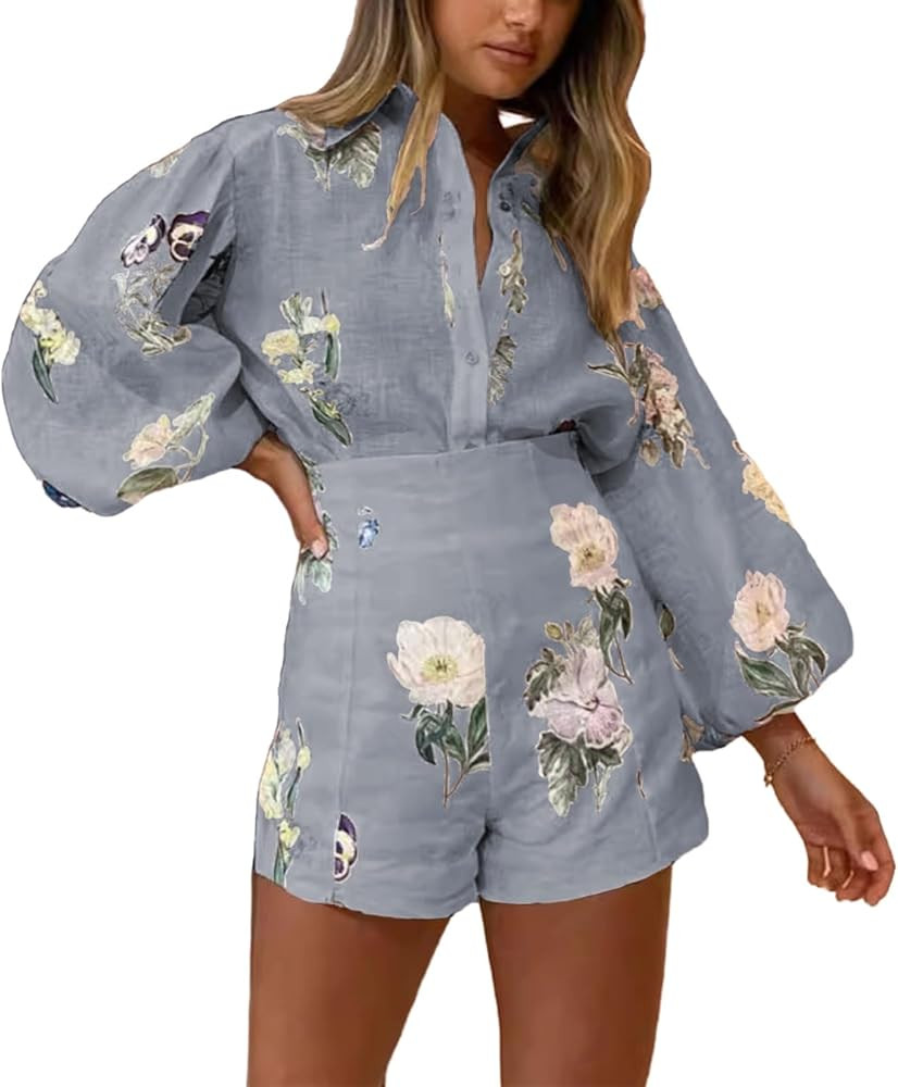 Molilove Womens 2 Piece Outfit Hawaiian Long Sleeve Button Down Shirt Shorts Tracksuit Lounge Set... | Amazon (US)