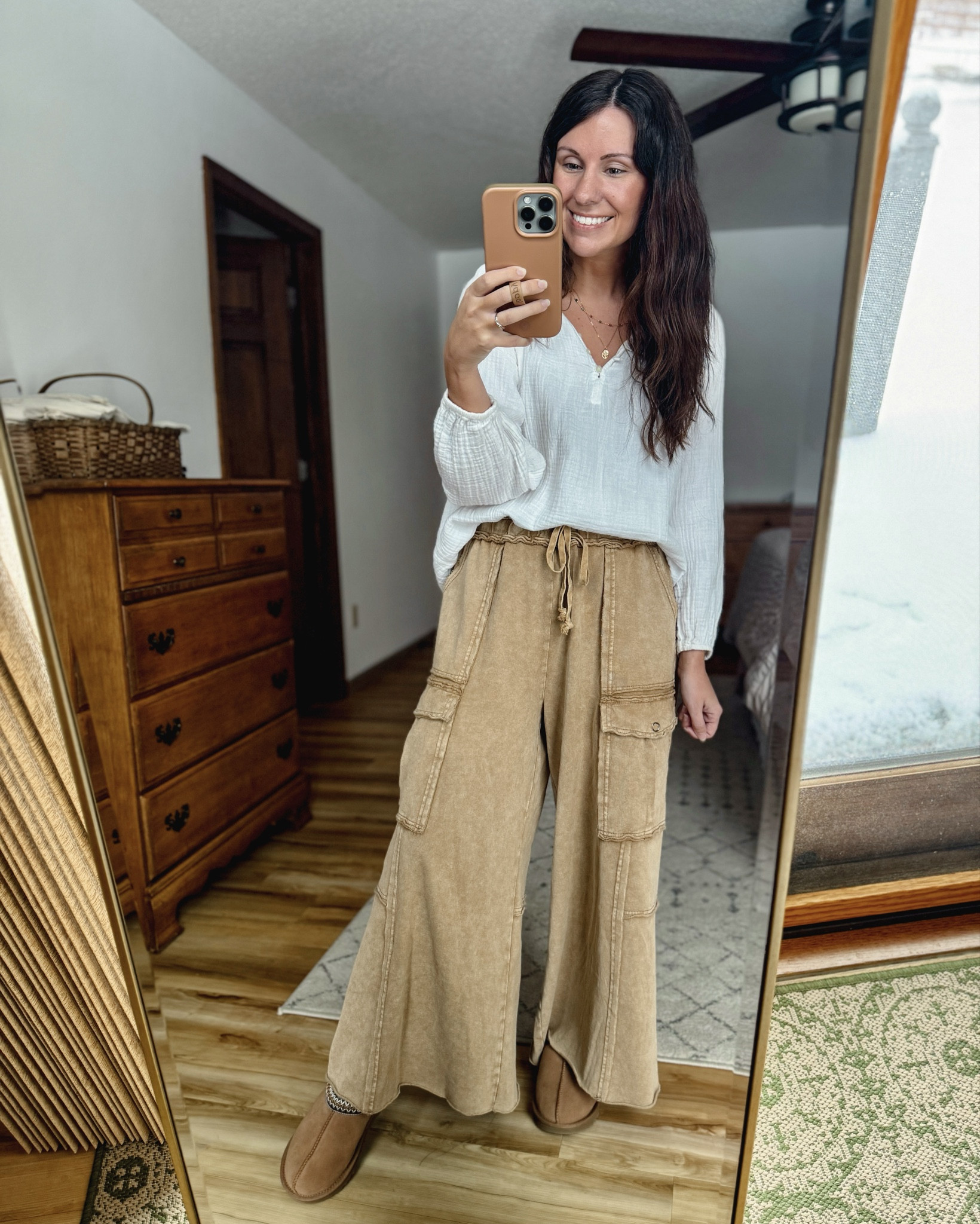 My gauzy cotton blouse is older, linked a bunch of similar ones. Size xs. My pants are size xs and my ugg Tasmans are size 6.

#LTKgrwm #LTKootd #LTKPetite