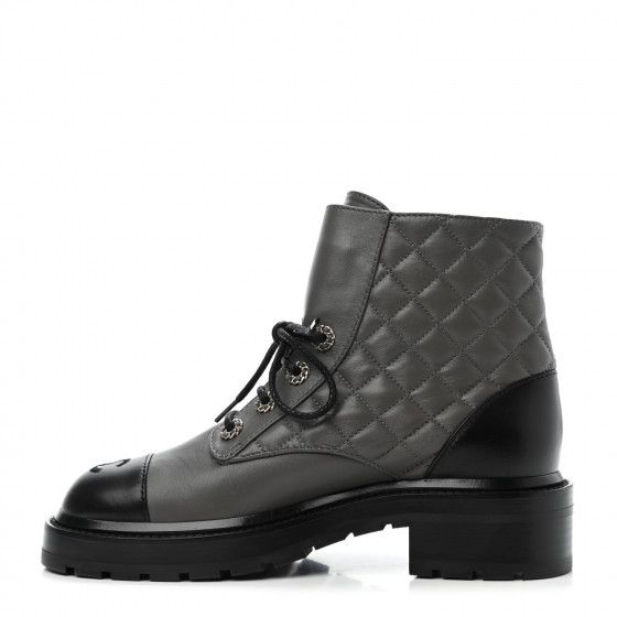 CHANEL Shiny Lambskin Quilted Lace Up Combat Boots 37.5 Black Grey | Fashionphile