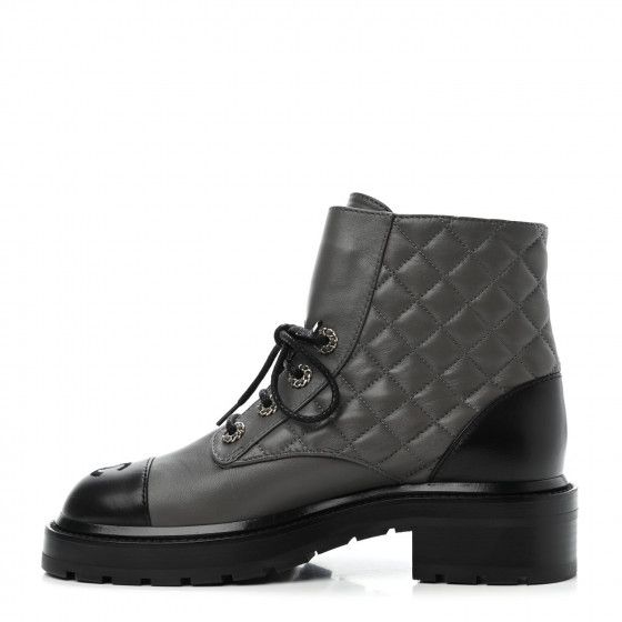 CHANEL

Shiny Lambskin Quilted Lace Up Combat Boots 37.5 Black Grey | Fashionphile