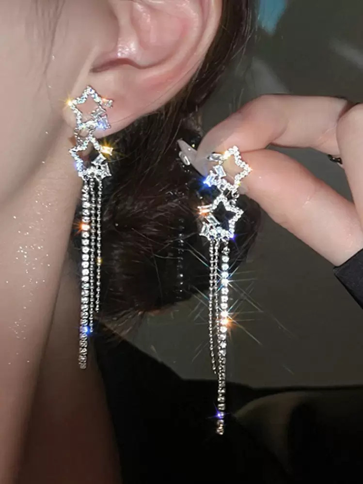 17KM 2pcs Double Star Rhinestone Symmetrical Earrings For Women, Holiday Dating Gifts | SHEIN