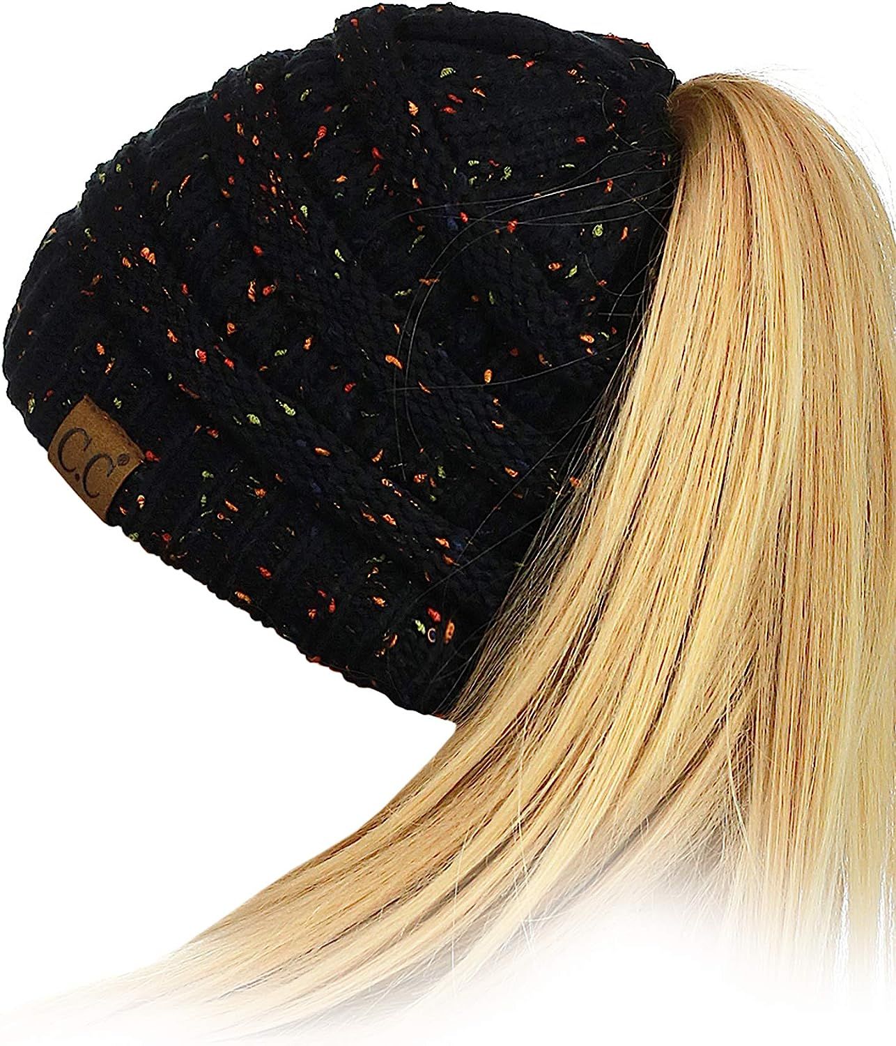 C.C BeanieTail Soft Stretch Cable Knit Messy High Bun Ponytail Beanie Hat | Amazon (US)