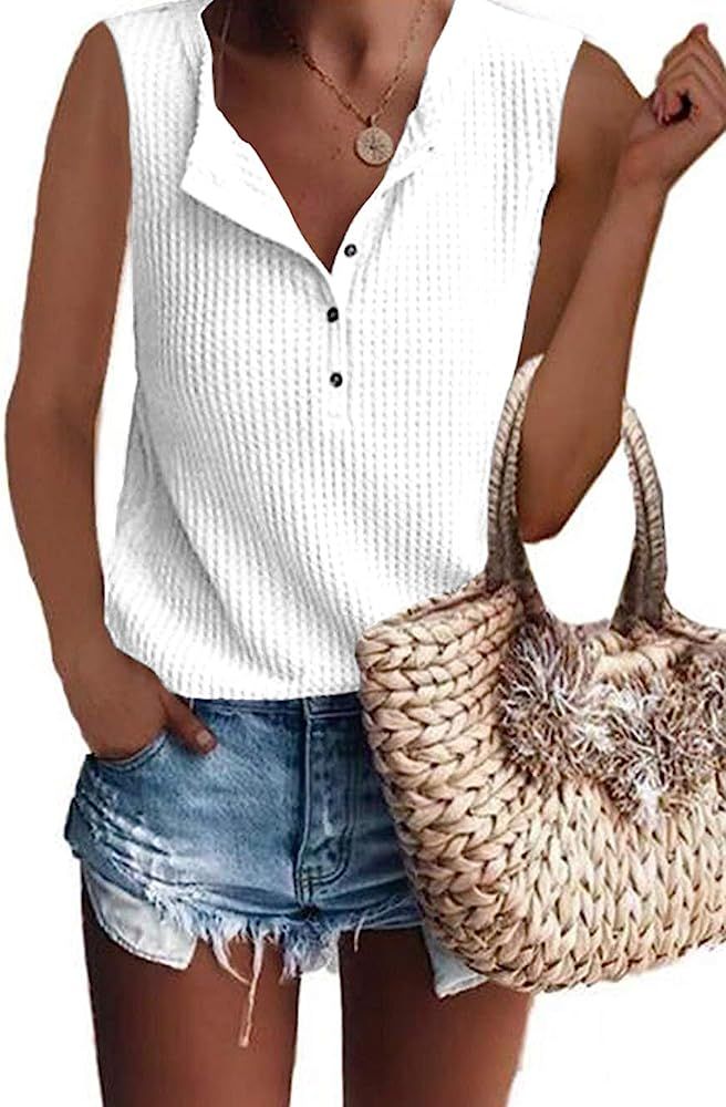 Glanzition Womens Tops Short Sleeve V Neck Button Up Loose Waffle Knit Tunic Henley Shirts | Amazon (US)