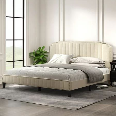 King Bed Frame UHOMEPRO Modern Upholstered Platform Bed with Headboard Cream Heavy Duty Bed Frame wi | Walmart (US)