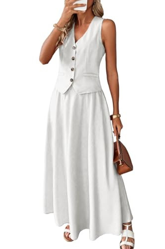 ELLEVEN Linen Sets for Women 2 Piece Skirt Outfits Summer Two Piece Vest Sets Going Out Maxi A-line Long Flowy Skirt Sleeveless Tank Top Casual Matching Dress Set Spring Vacation White Large | Amazon (US)