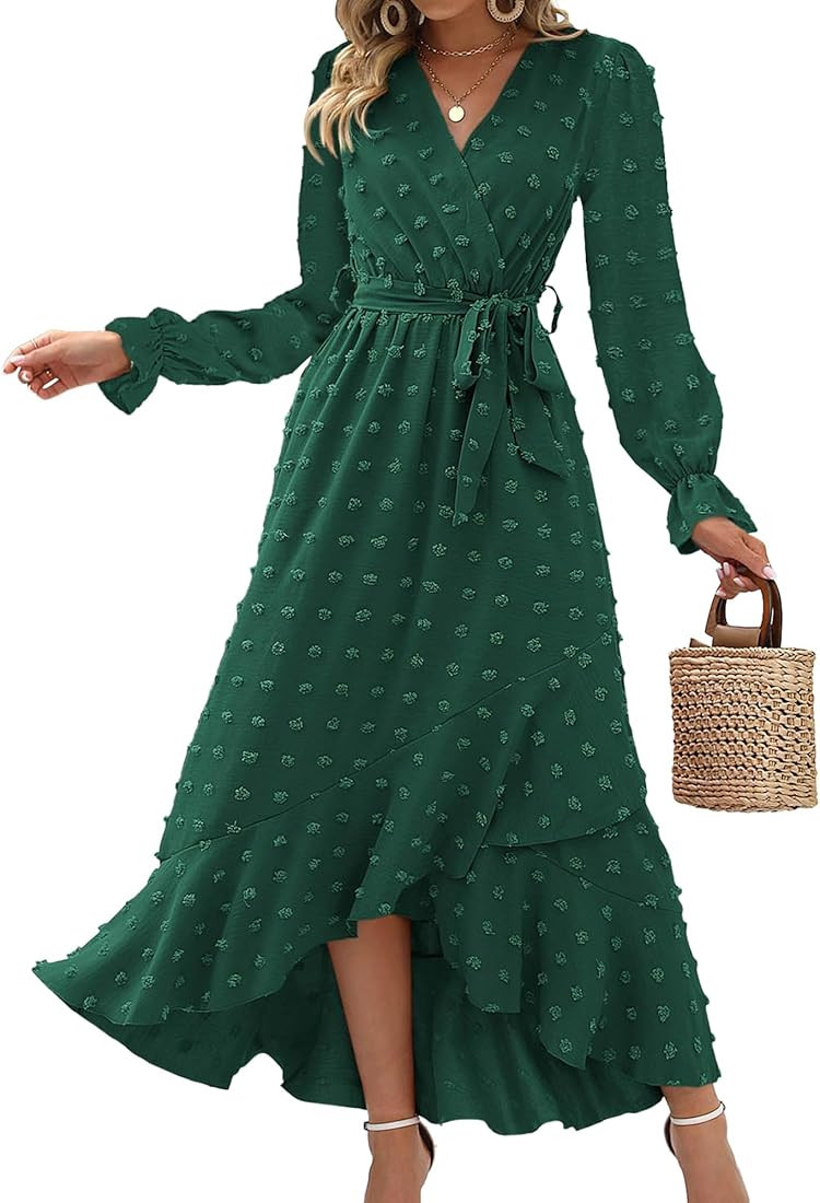 Amazon.com: BTFBM Women's Boho Wrap Maxi Dress Summer Fall V Neck Swiss Dot Long Sleeve Flowy Sli... | Amazon (US)