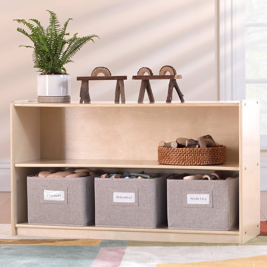 Guidecraft EdQ Two Shelf Open Storage 24'' Natural with 3 Fabric Bins: Wooden Multi-Purpose Bookc... | Amazon (US)