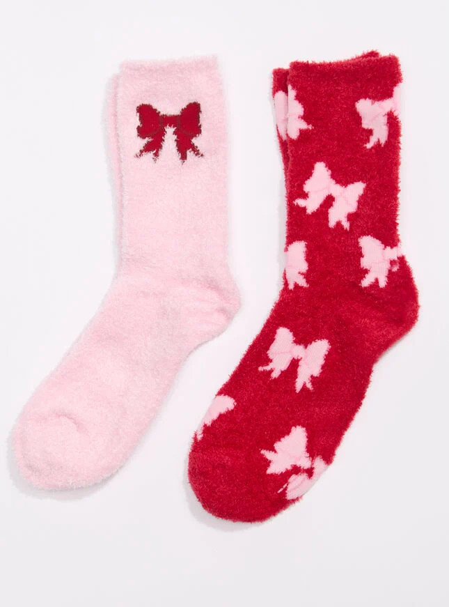2 pack bow fluffy ankle socks - Red Mix | Boux Avenue (UK)