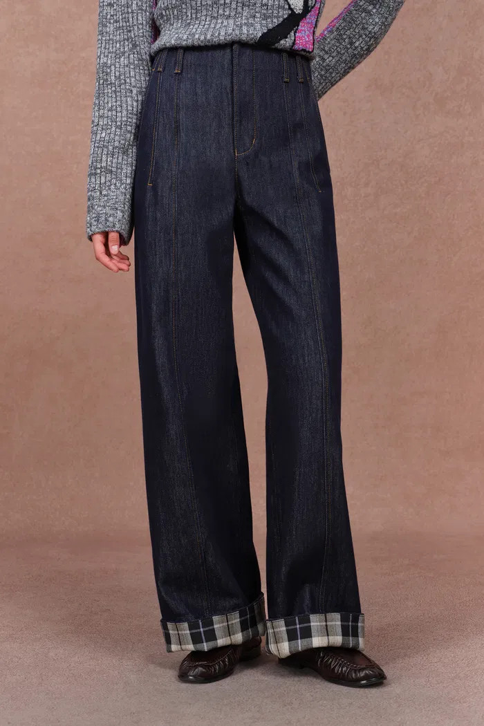 Léa Cuffed Contrast Plaid Denim Jeans in Raw Denim | Fabrique