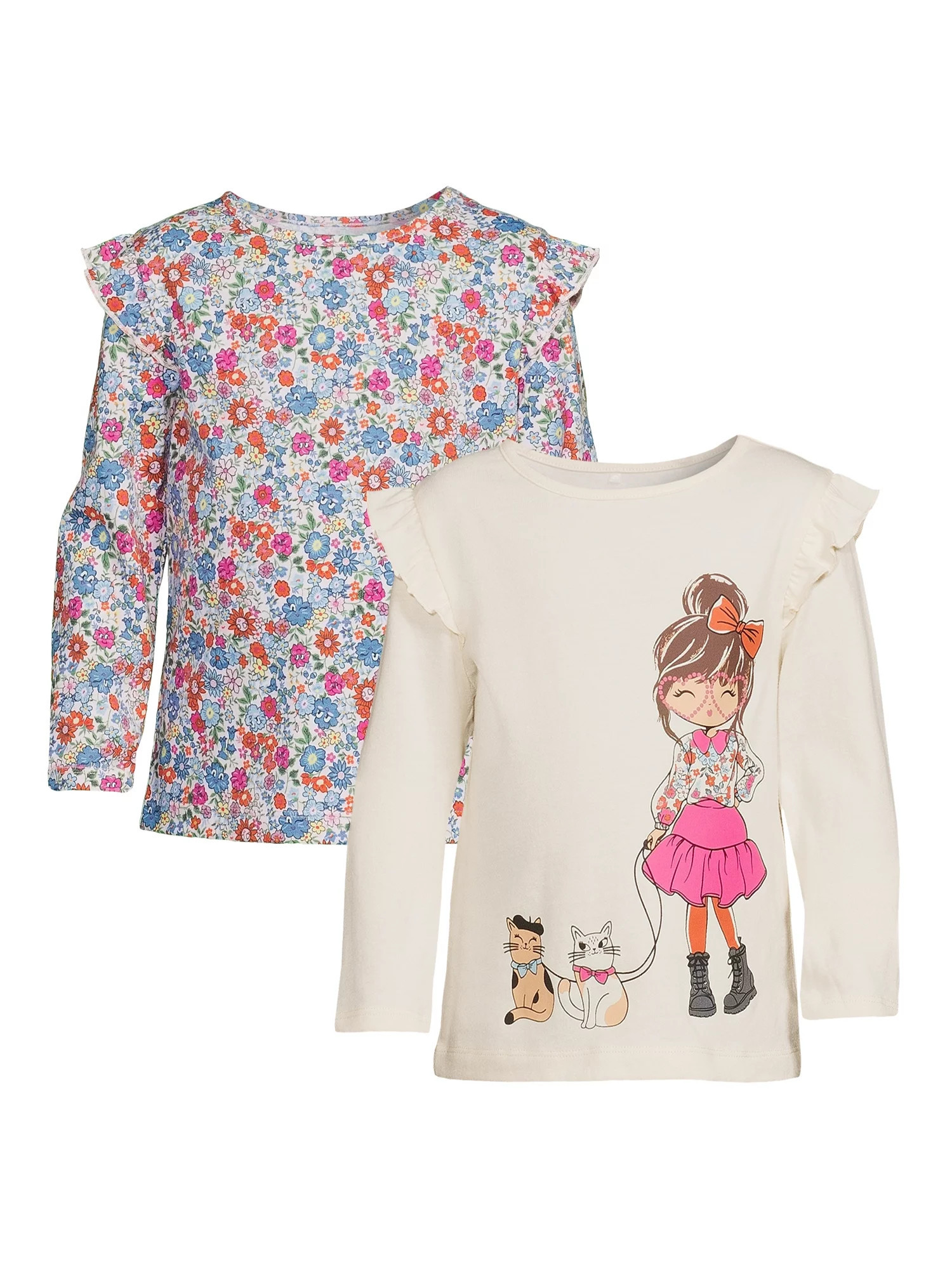 365 Kids from Garanimals Girls Ruffle T-Shirt, 2-Pack, Sizes 4-10 | Walmart (US)