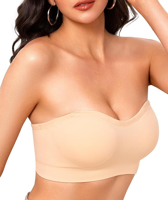 Strapless Bras for Women Non-Slip Wireless Bandeau Bra Seamless Padded Tube Top Bra Including Fab... | Amazon (US)