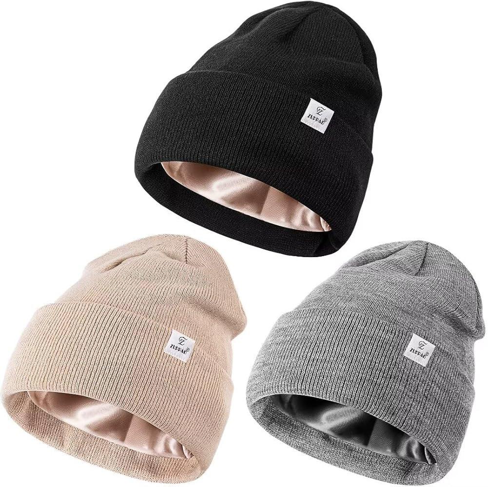 3 Pack Satin Lined Winter Beanie Hats,Silk Lined Beanie Knit Soft Warm Cuffed Hat for Women Men | Amazon (US)