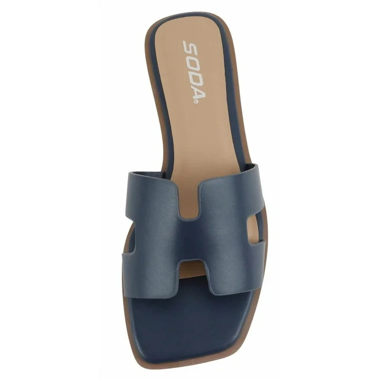 Soda Shoes Women Slip-On Cushioned Sandals H-Band Flat Flip-Flops Slides Square Toe KNIT-S Navy B... | Walmart (US)