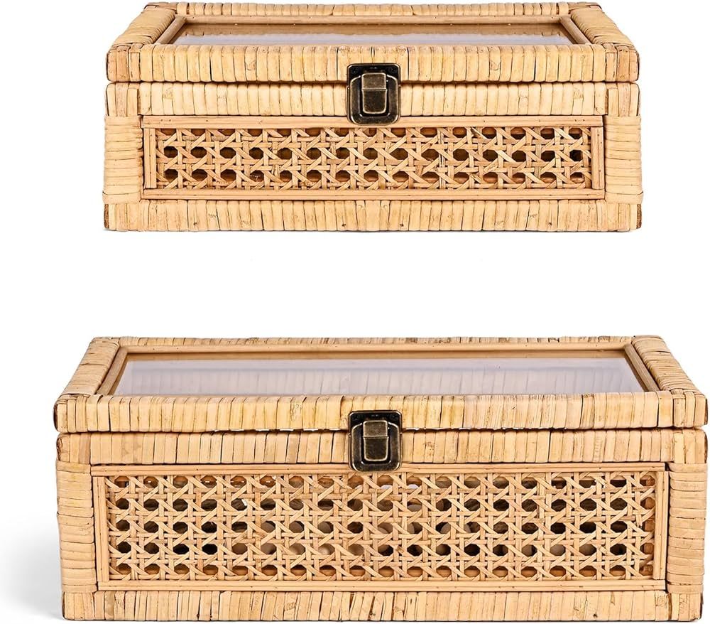 Rattan Decorative Box with Lid, Rectangular Woven with Glass for Display, Set of 2 Wicker for Dec... | Amazon (US)