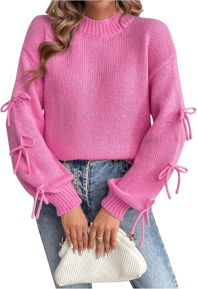 GORGLITTER Women's Bow Fall Sweater Long Sleeve Knit Lightweight Oversized Pullover Tops | Amazon (US)