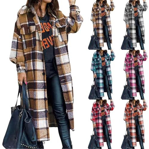 Tednrk Womens Flannel Plaid Shacket Oversized Long Plaid Shirt Casual Lapel Button Down Wool Blend Jacket Winter Coat Khaki | Amazon (US)
