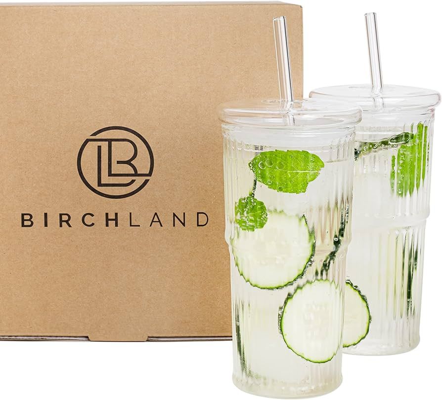 Birchland All Glass Iced Coffee Cup with Lid and Straw, Ribbed Glass Tumbler Set of 2 (22 oz ribb... | Amazon (US)