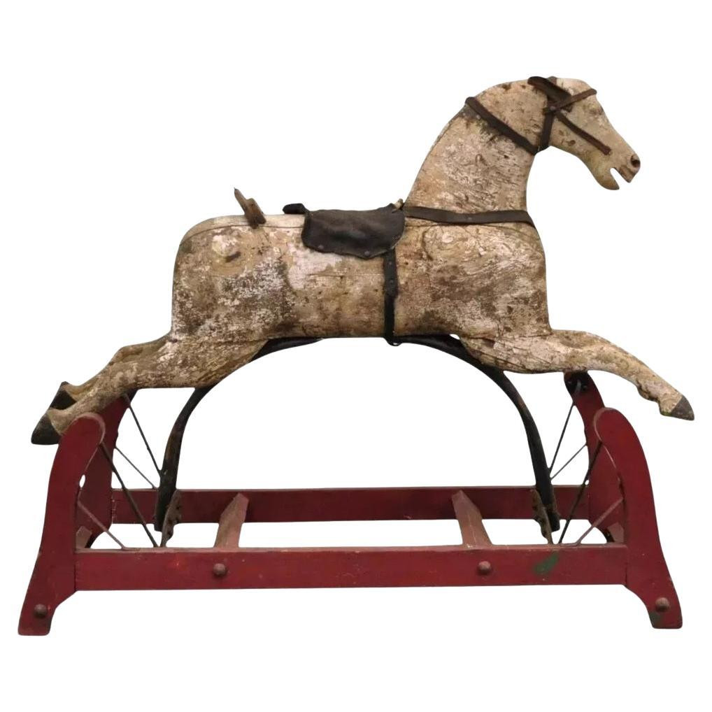 Antique Primitive Glider Rocking Hobby Horse Rustic Carved Wood Cast Iron Red | 1stDibs