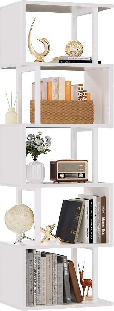 Furologee White Geometric Bookshelf 6 Tier S-Shaped Bookcase, Tall Modern Display Storage Shelf, ... | Amazon (US)