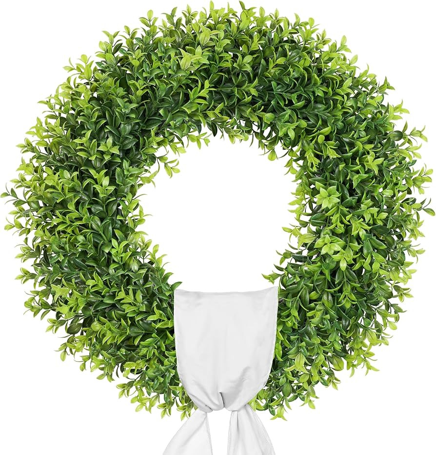 26 Inch Large Boxwood Wreath Spring Summer with Sash Artificial Green Wreaths for Front Door Farm... | Amazon (US)