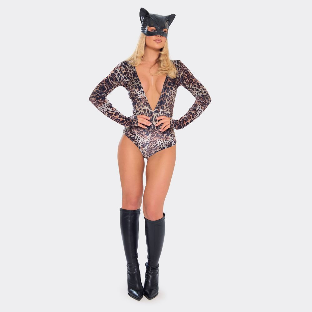 Long Sleeve Plunge Neck Playsuit In Leopard Print Velvet | EGO (UK)