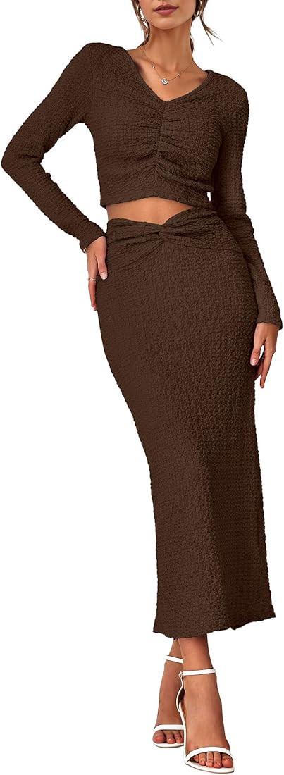 Women's 2 Piece Fall Outfits V Neck Crop Tops Causal Long Sleeve Ruched Dress Split Bodycon Midi Ski | Amazon (US)