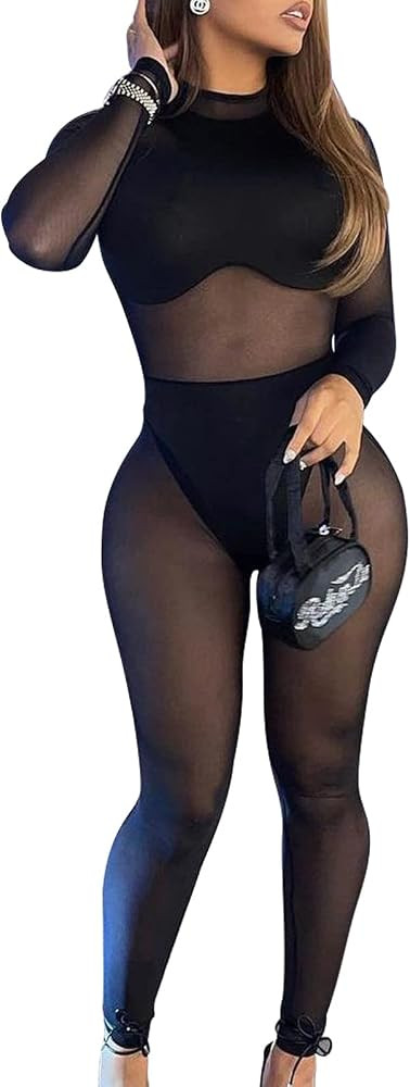 hibshaby Sexy Mesh Black Leopard Jumpsuits for Women Bodycon Outfits Streetwear Rompers | Amazon (US)