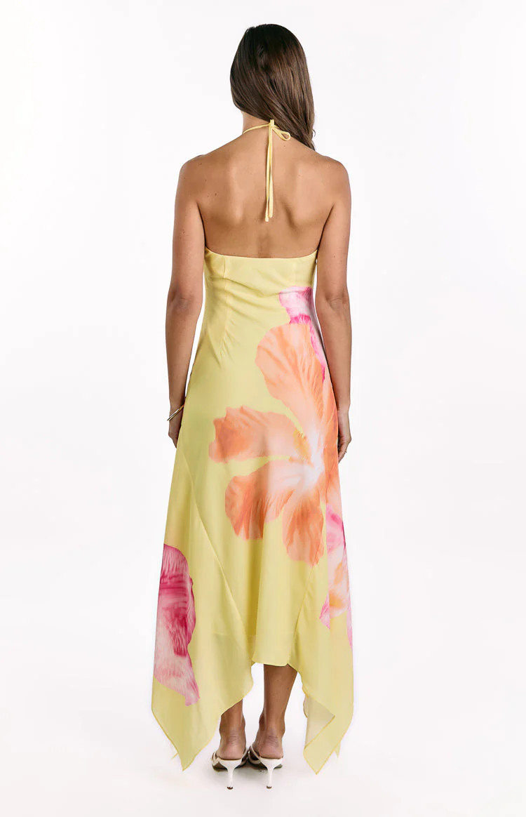 Elowen Yellow Hibiscus Floral Halter Maxi Dress | Beginning Boutique (US)