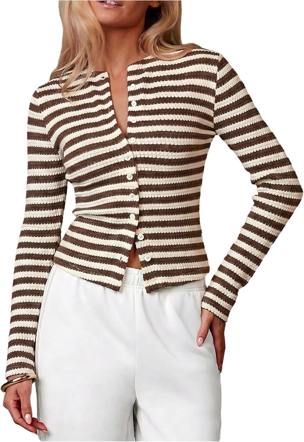 MakeMeChic Women's Striped Cardigan Knit Tops Button Down Crewneck Knitwear | Amazon (US)