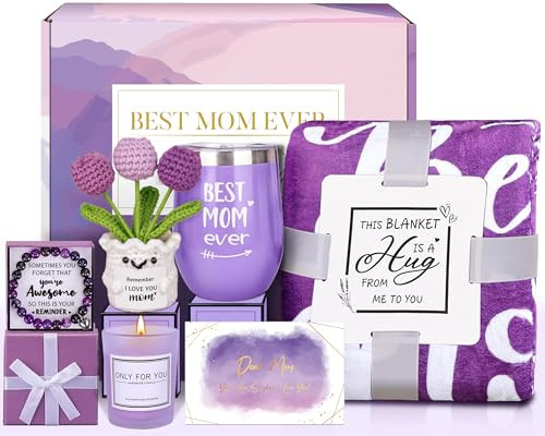 Oralaqua ‌Mother’s Day Basket Gift for Mom from Daughter Son Child, Best Mom Ever Birthday Gifts Box Set for Newmom, Stepmom or Mother-in-Law with Blanket, Tumbler, Bracelet, Crochet Tulips Flower | Amazon (US)