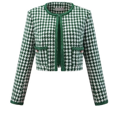 Hobemty Women's Tweed Round Neck Open Front Plaid Houndstooth Blazer Medium Green | Target