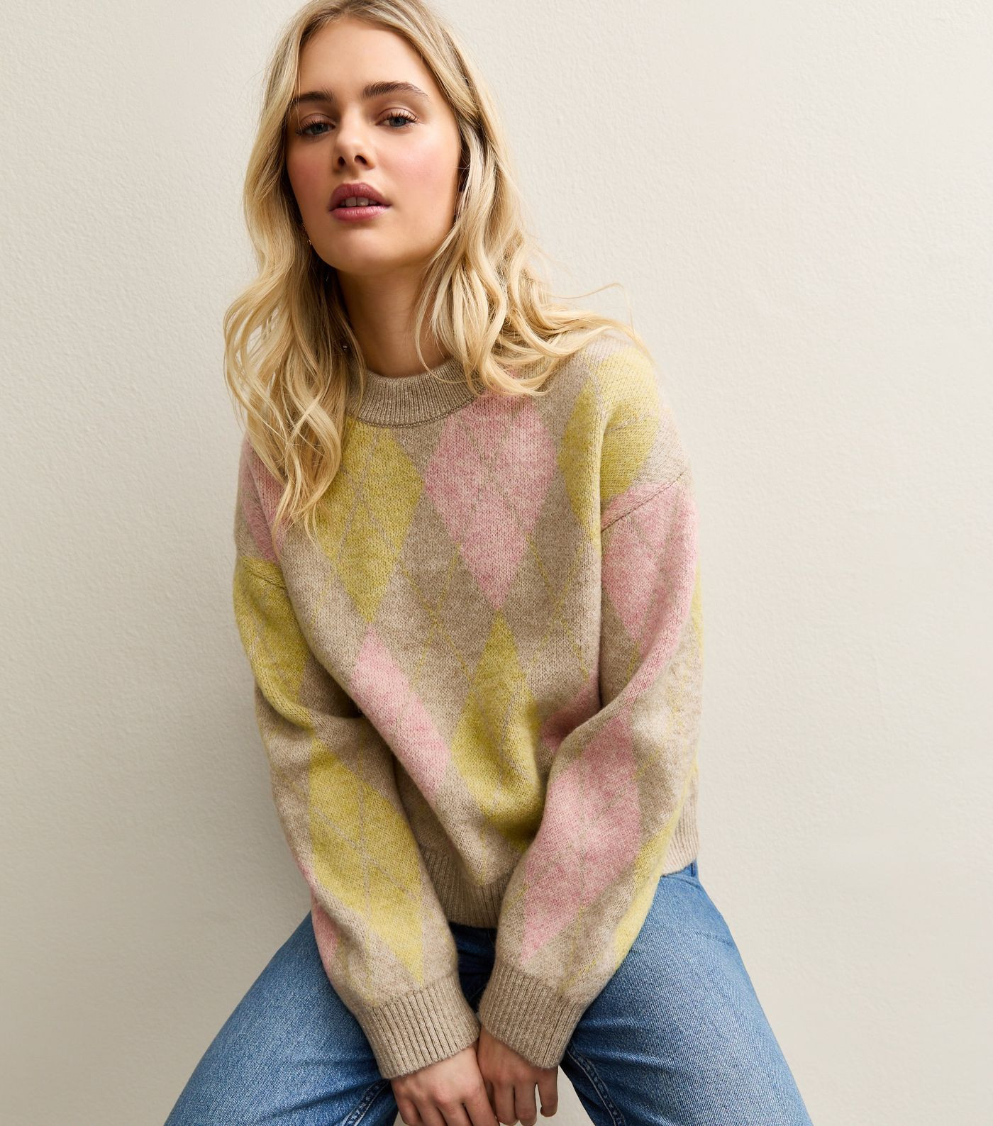 Pink and Yellow Argyle Crew Neck Midweight Knit Jumper | New Look | New Look (UK)